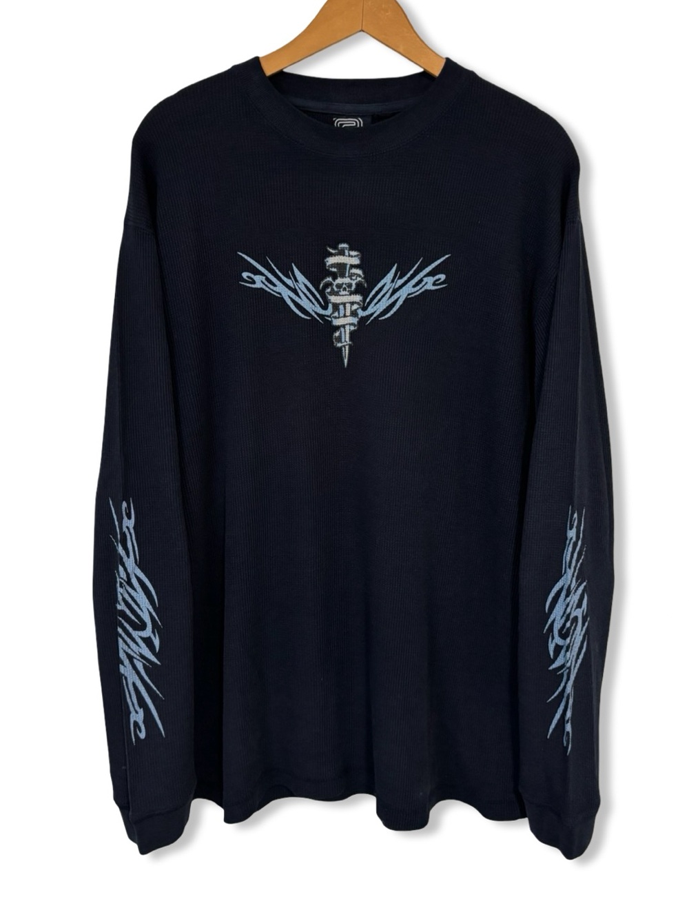 Vintage Y2K Randy River Tribal Skull & Dagger Waffle Knit/ Thermal Shirt